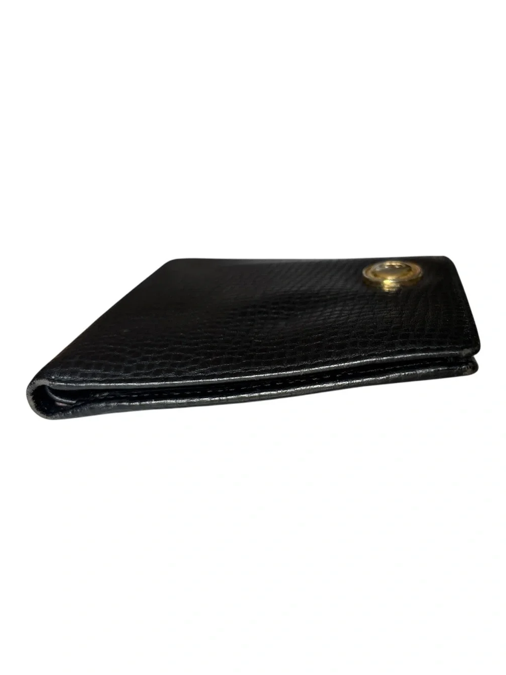 Christian Dior Paris Vintage Black Embossed Leather Bifold Wallet Gold CD Turn L